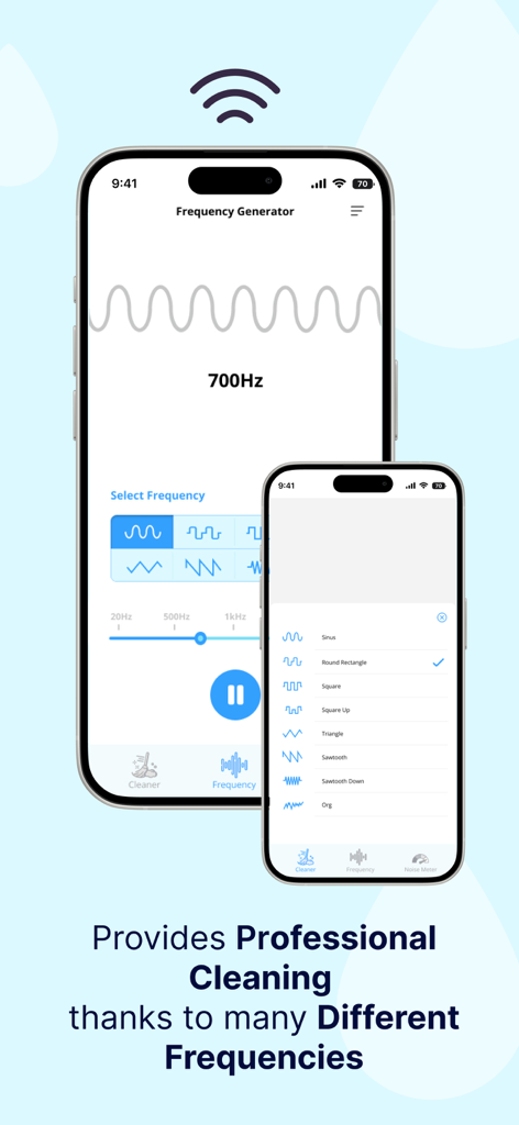 Interfaz que muestra un generador de frecuencia de 700Hz y varias configuraciones de ondas sónicas para la limpieza de altavoces de iPhone.