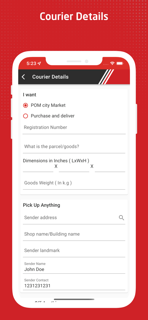 GoFood (PNG) Customer - GoFood PNG顧客アプリの宅配便配達・集荷情報に関する配達員詳細フォーム