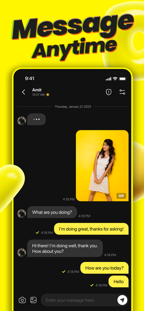 Interfaccia di messaggistica privata dell'app Vividi che mostra una conversazione di testo e una gif