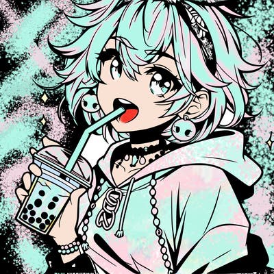 hot baddie anime girl drinking boba and biting the straw