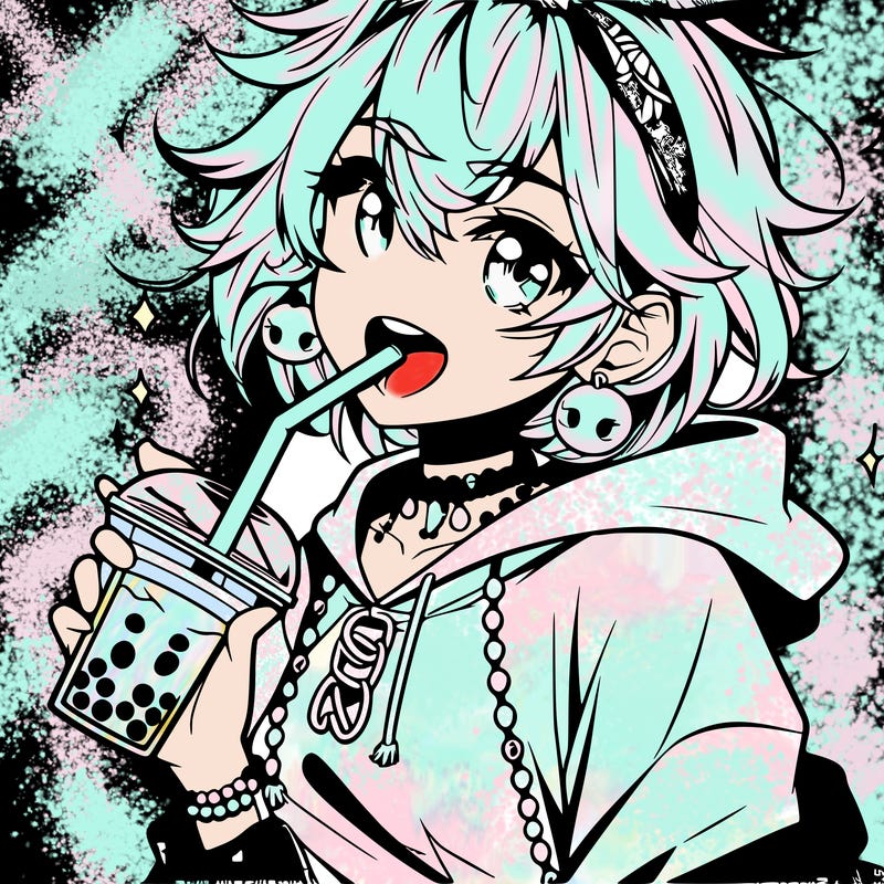 hot baddie anime girl drinking boba and biting the straw