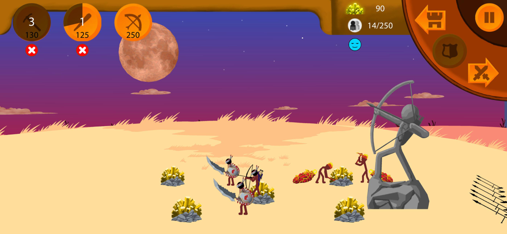 Stick Legions: Giant War - Stickman miners gathering gold resources in a desert landscape during sunset