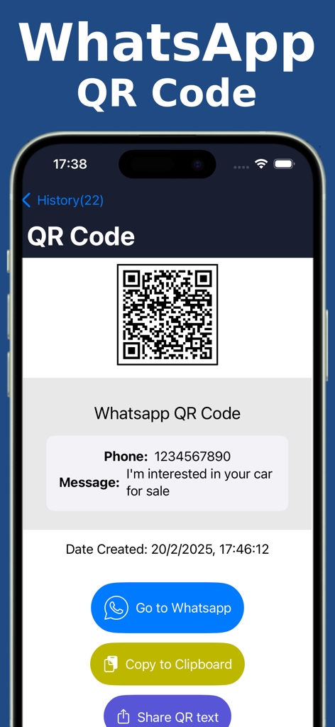 Easy QR Pro : QR Scanner - Pantalla del iPhone que muestra un código QR de WhatsApp escaneado con el número de teléfono y los detalles del mensaje en la aplicación Easy QR Pro historial.