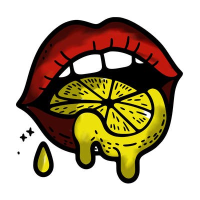 lips with a lemon in it and lemon juice  dripping