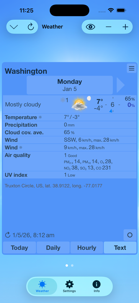 Schermata dettagli previsioni meteo in ClassicWeather HD che mostra qualità dell'aria e indice UV.