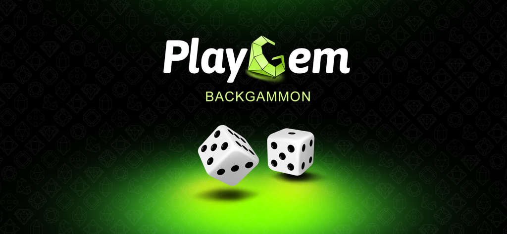 PlayGem Backgammon Live Online - PlayGem Backgammon Live logo featuring two white dice on a dark green patterned background with a green spotlight