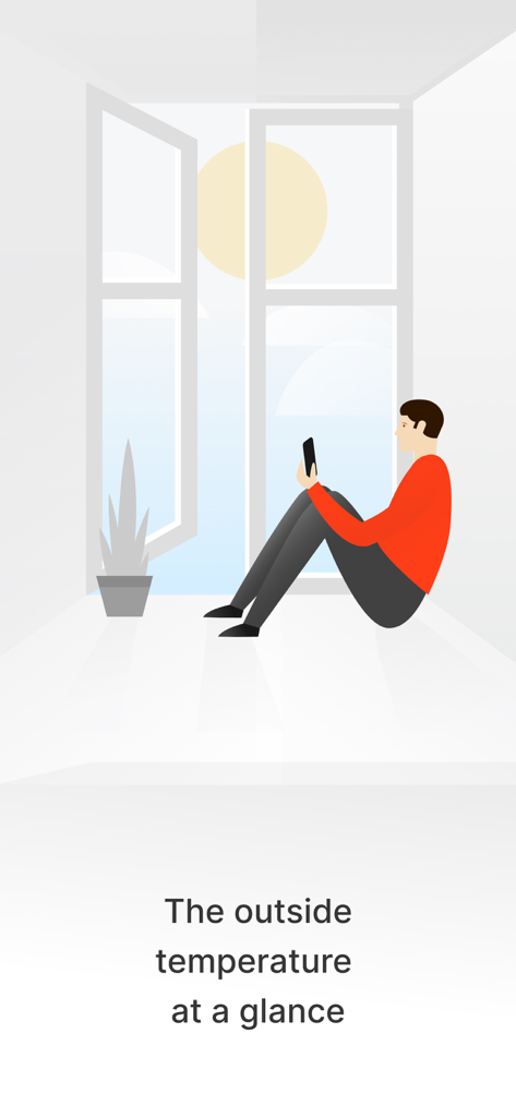 ViCare - An illustration showing a man sitting by a window checking the outside temperature on his smartphone using the ViCare app