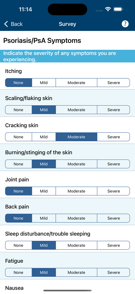 Psoriasis Manager symptom tracking survey showing severity levels from none to severe.