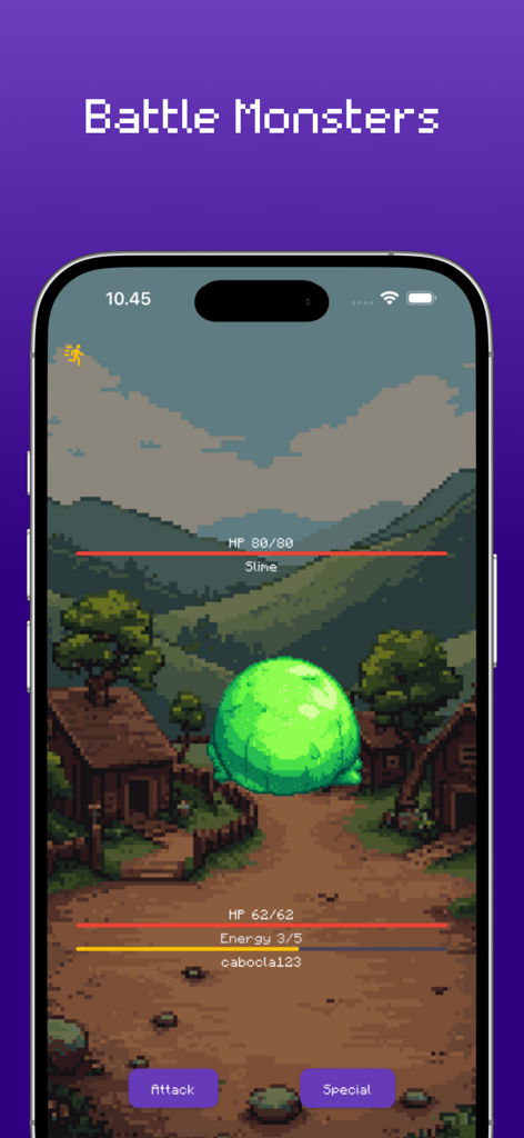 RPGFitness: Workout Tracker - A pixel art RPG battle screen with a slime monster in the RPGFitness workout tracker app