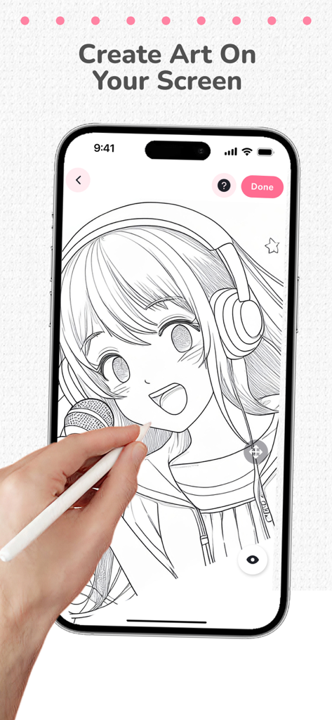 AR Sketch & Trace - Una mano usando un lápiz óptico para calcar un personaje de anime en la pantalla de un smartphone.