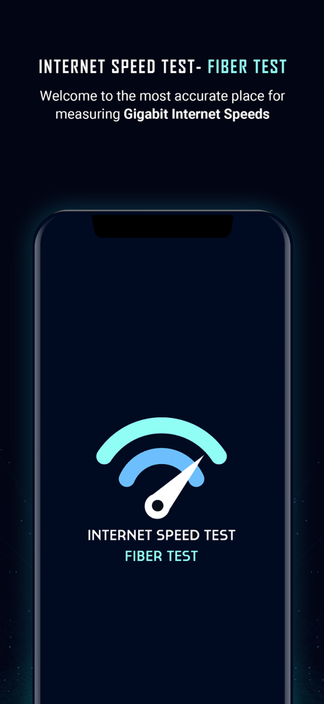 Tela de introdução do aplicativo FiberTest mostrando o logotipo e o slogan do teste de velocidade gigabit