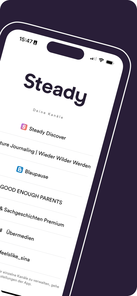 Steady App - Steady App mobile interface showing a list of followed creator channels