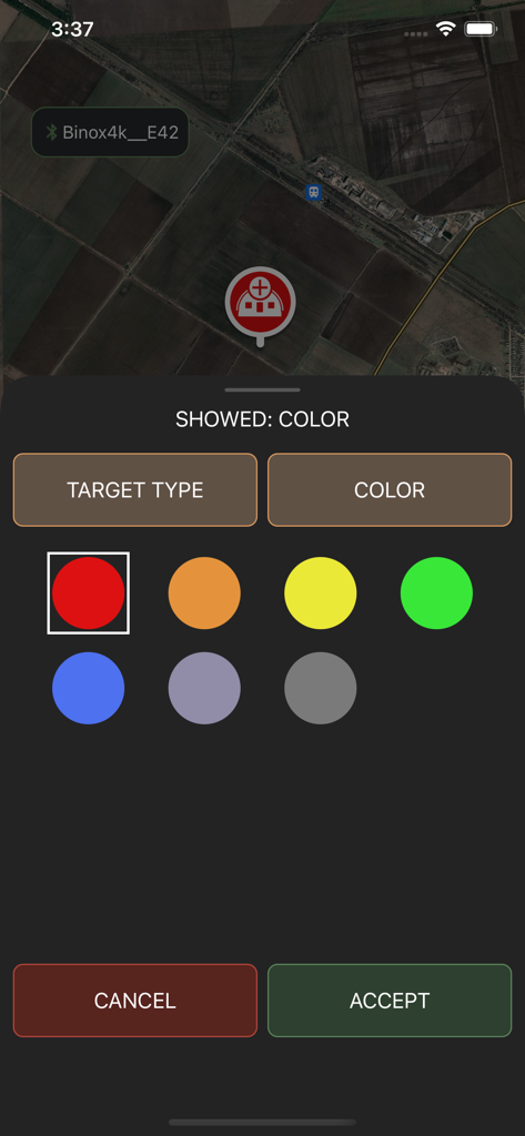Screenshot of the Tactical Map app showing color selection for a target marker on a satellite map.