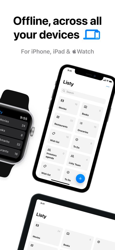 Listy app interface displayed on iPhone iPad and Apple Watch showing offline synchronization