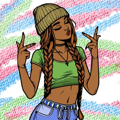 realistic teenage girl with braids and a beanie and crop top doing 🫶🏼