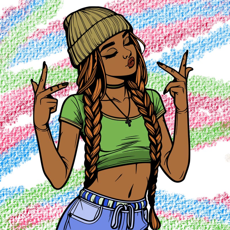 realistic teenage girl with braids and a beanie and crop top doing 🫶🏼