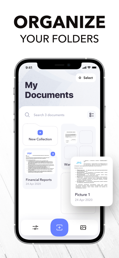 PDF Scanner App: Scanner+ Docs - Pantalla del iPhone mostrando la interfaz de organización de documentos y gestión de carpetas en la aplicación Scanner plus