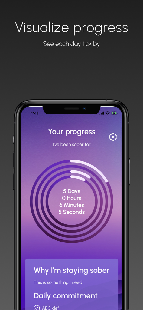 Sobriety Counter - Smartphone screen of the Sobriety Counter app displaying a circular progress timer for five days of sobriety