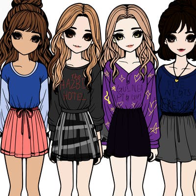 four realistic girls in a line