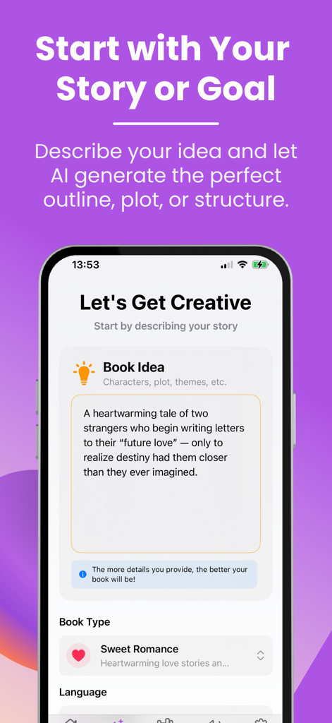 Interface of BookAI app where users input their book idea and select a genre for AI generation.