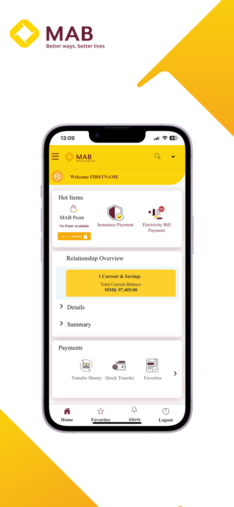 MAB iBanking - MAB iBanking mobile app dashboard showing account balance and payment options like bill pay and money transfer