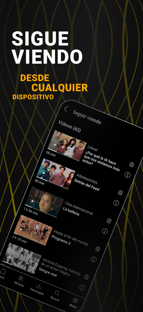 Interface de l'application mobile RTVE Play montrant la liste de reprise du visionnage avec divers programmes et films espagnols.