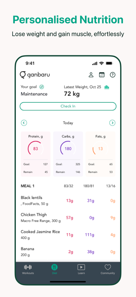 Ganbaru Method - Ganbaru Method app interface showing personalized nutrition and macro tracking dashboard