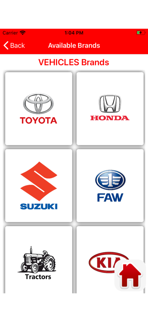 Interface of CSD Pakistan app showing available vehicle brands including Toyota, Honda, Suzuki, FAW, and KIA