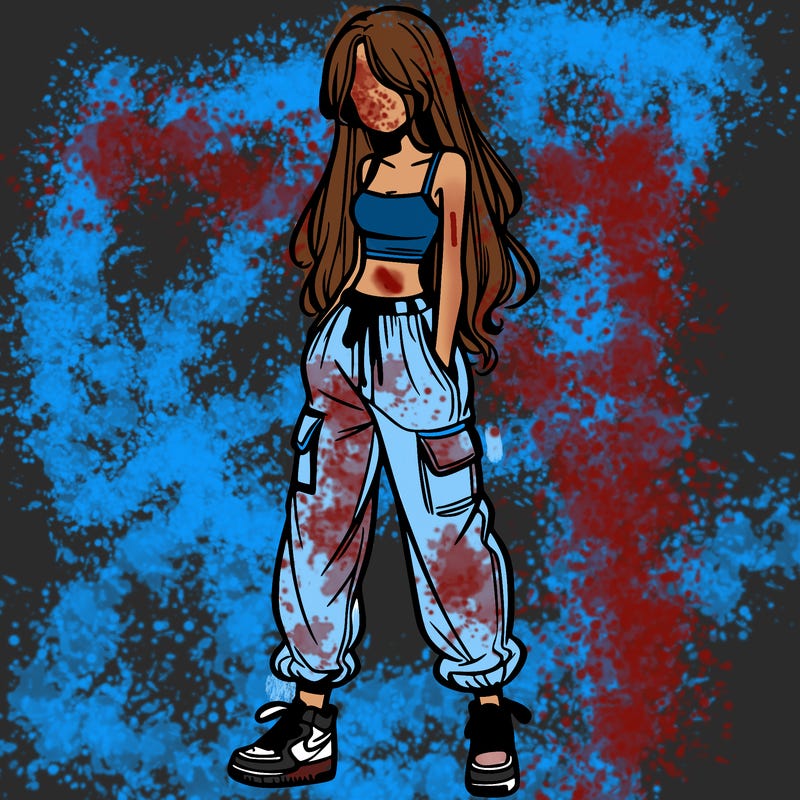 girl in baggy pants crop top and long hair