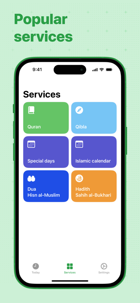 IslamApp: Prayer times, Qibla - IslamApp services dashboard with colorful tiles for Quran Qibla Islamic calendar and Hadith