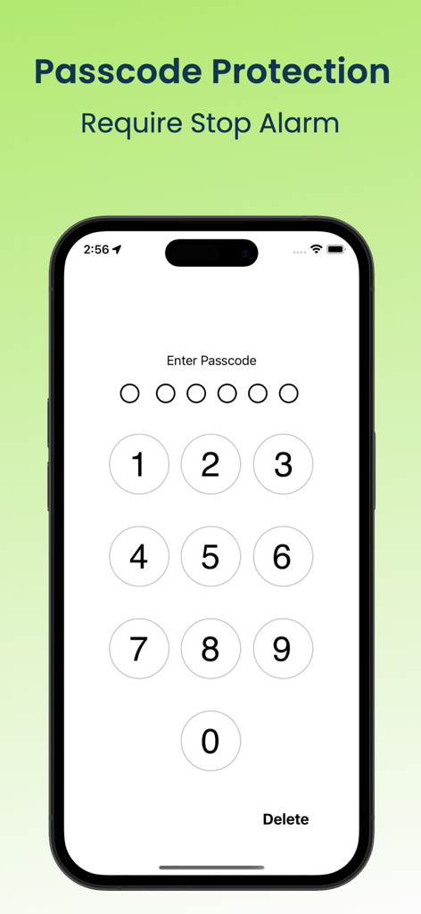 Anti Theft Alarm -Security App - iPhone display showing a numeric keypad for passcode entry to deactivate the anti theft alarm