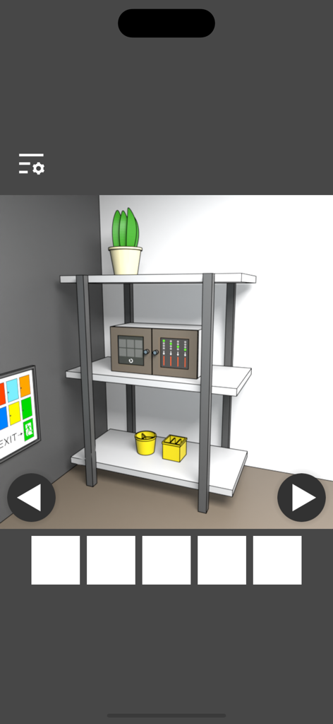 Una escena de habitación minimalista en Escape de la Sala de Pintura con una estantería con puzles y materiales de arte.