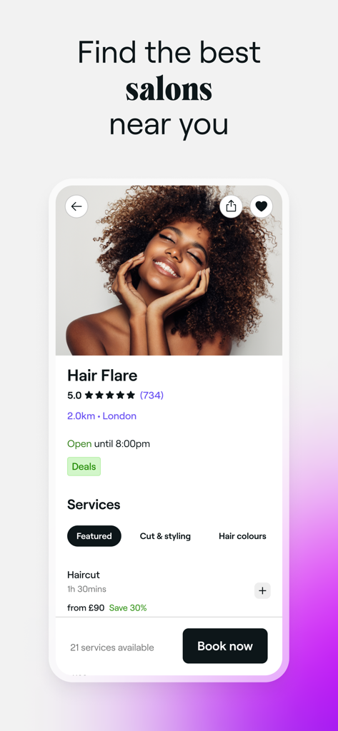 Fresha for customers - Interfaz de la aplicación Fresha mostrando el perfil de un salón de belleza con valoraciones y un botón de reservar ahora.