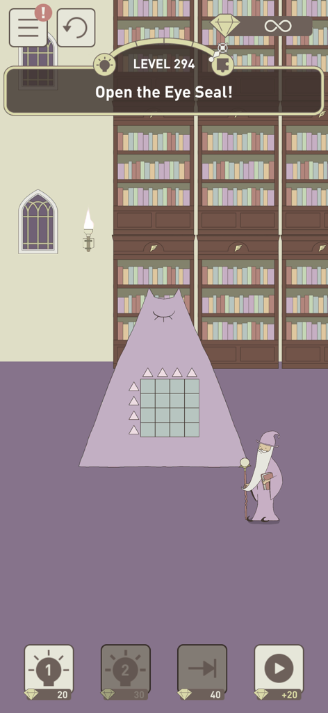 Puzle del nivel 294 de IQ Dungeon que muestra un personaje mago junto a una gran forma triangular púrpura con un sello de ojo y una cuadrícula de lógica en un entorno de biblioteca.