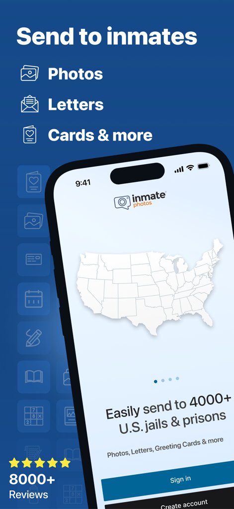 Inmate Photos app home screen showing options to send photos letters and cards to over 4000 US correctional facilities.