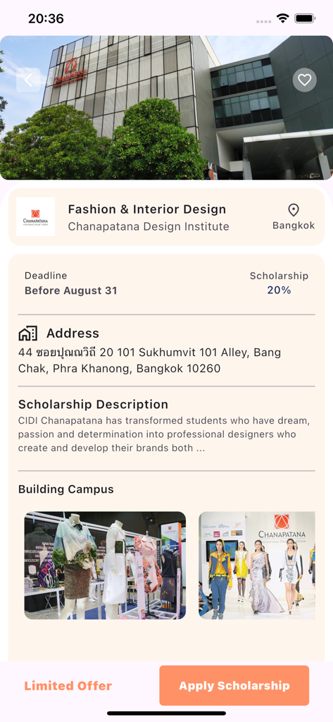 Scholarship details for a design institute in Bangkok within the Myanmar to Thai Learning app