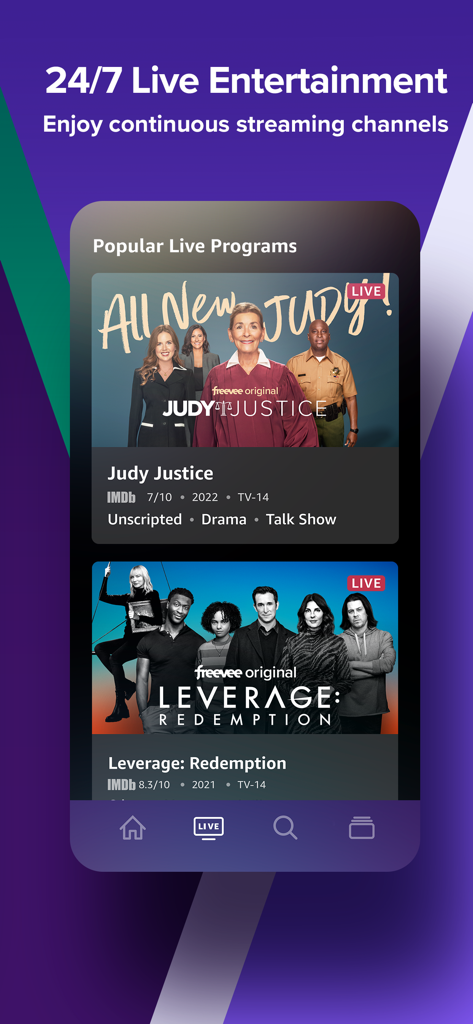 Pantalla móvil de la aplicación Amazon Freevee mostrando canales de transmisión en vivo 24/7 para programas como Judy Justice y Leverage Redemption