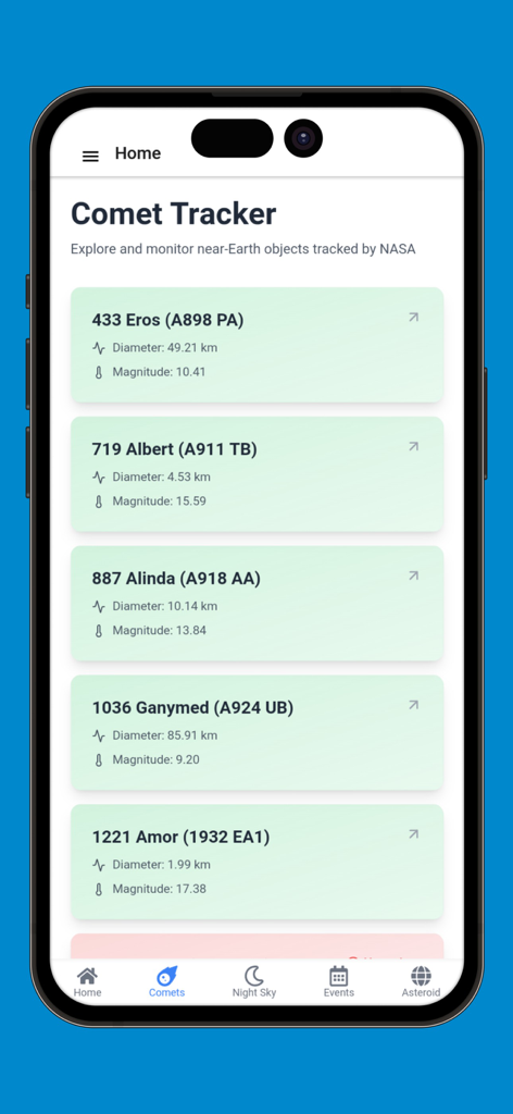 Comet Tracker App - Comet Tracker App interface showing a list of near Earth objects with diameter and magnitude details