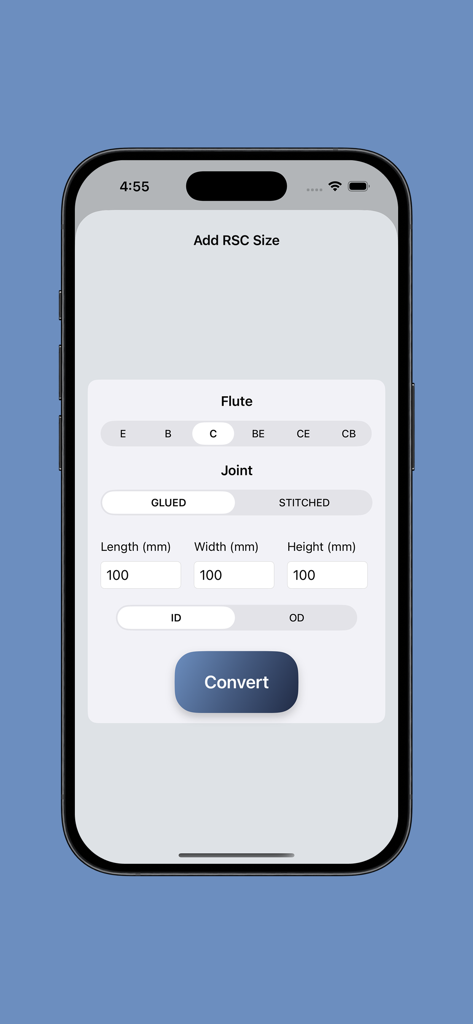 BoxMaster - BoxMaster app interface for adding RSC box dimensions including flute type and joint selection