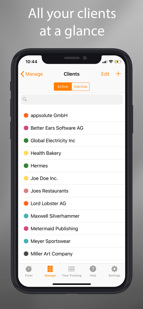 timeEdition - Time Tracking - A mobile screen showing a color-coded list of clients in the timeEdition time tracking app.