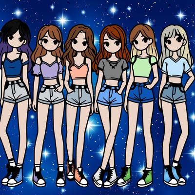 a group of girls wearing crop tops and shorts