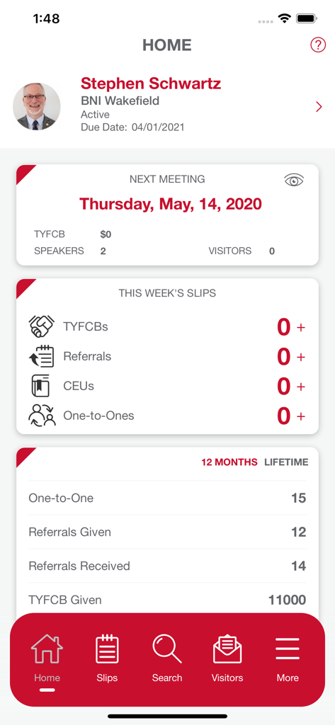 BNI Connect® Mobile - The home screen of the BNI Connect Mobile app displaying a member dashboard with meeting schedules and referral stats.