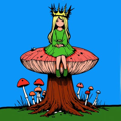realistic girl sitting on a huge tree stump size toadstool with thorn crown