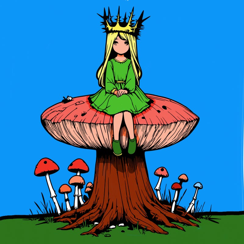 realistic girl sitting on a huge tree stump size toadstool with thorn crown