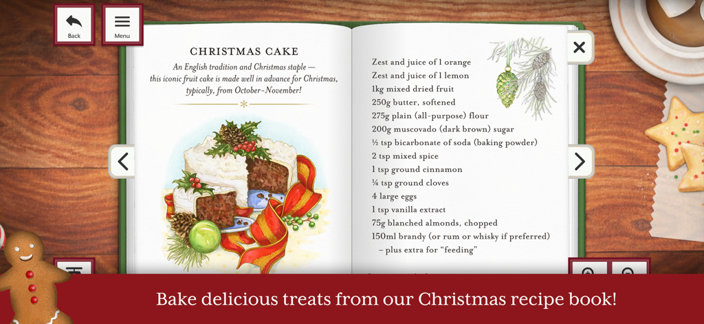 Jacquie Lawson Advent Calendar - Digital Christmas recipe book with a hand drawn cake illustration and ingredients list