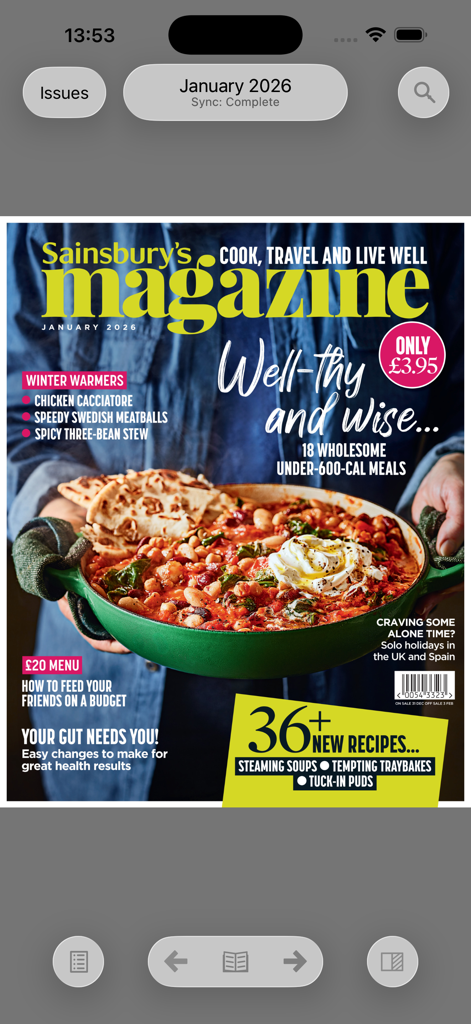 Sainsbury's Magazine - Capa digital do aplicativo Sainsburys Magazine mostrando um ensopado de inverno farto e títulos de receitas saudáveis.