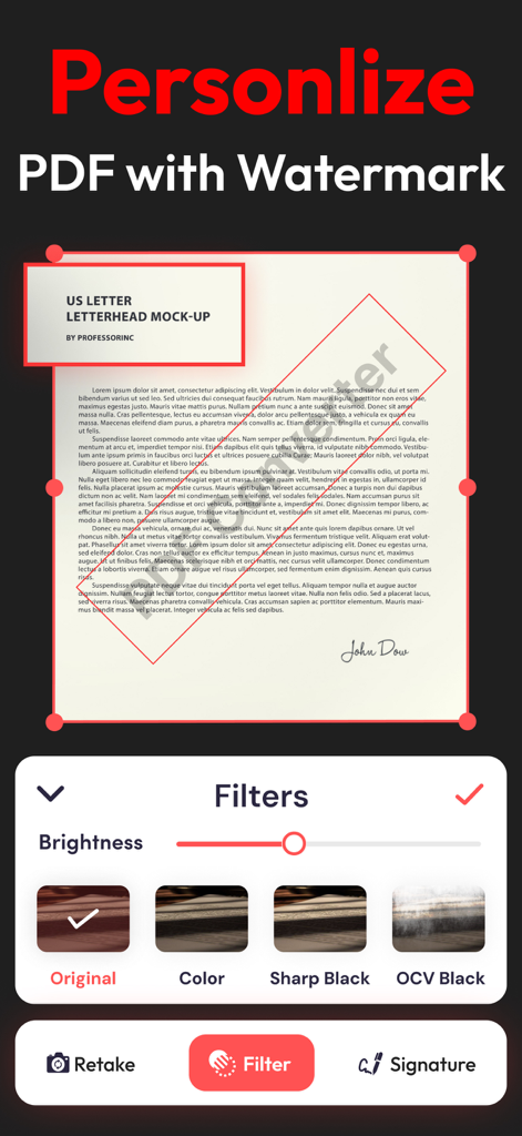 モバイルアプリのインターフェース。透かしとドキュメントフィルターでPDFをパーソナライズする方法が表示されています。