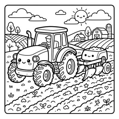 Get ready for some farm-tastic fun with this charming Kawaii plowing equipment coloring page, perfect for anyone who loves tractors and cute designs. Dive into a delightful rural scene where friendly farm machinery brings the joy of agriculture to life with every stroke of your crayon.