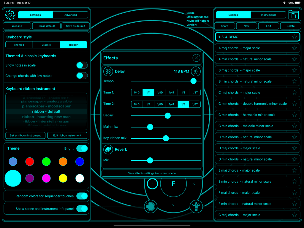 The settings and effects interface of the Touchscaper iPad music app showing delay and reverb controls over a neon blue circular radar UI.