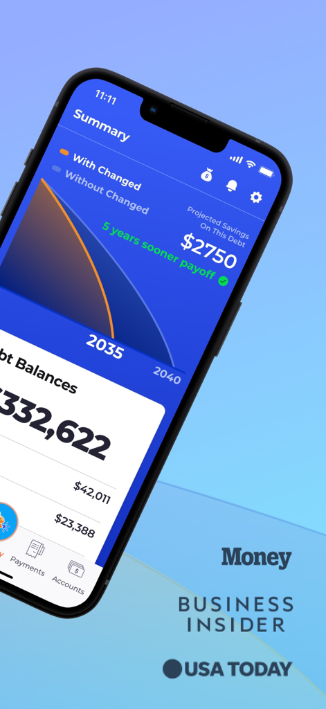 Summary screen of the Changed app visualizing debt payoff progress and projected financial savings.